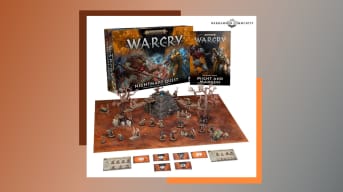 An image of the box contents of Warcry Nightmare Quest, including the box, a game board, and miniatures