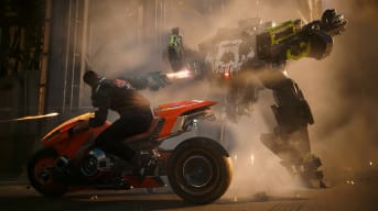 The player riding a motorbike and firing at a robotic enemy in Cyberpunk 2077: Phantom Liberty