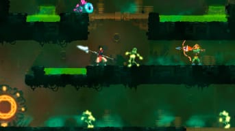 The player character fighting a series of enemies in a dingy castle in Dead Cells