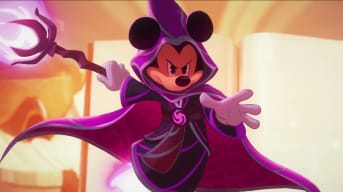 Artwork from Disney Lorcana, featuring Mickey Mouse in a purple wizard robe holding a magic staff.