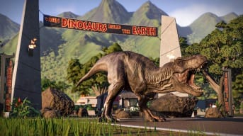 A T. rex roaring under a banner reading "WHEN DINOSAURS RULED THE EARTH" in Jurassic World Evolution 2