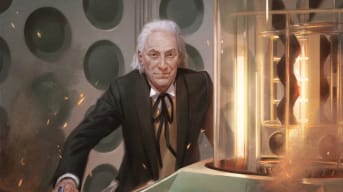 Artwork of The First Doctor inside the TARDIS from the Magic: The Gathering Doctor Who set.