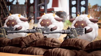 Three sheep-like Pals toting machine guns in Palworld