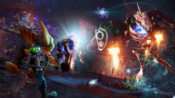 Ratchet facing off against a massive monster with a gun in Ratchet & Clank: Rift Apart
