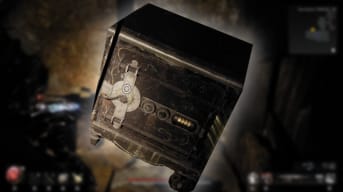 Remnant 2 artwork showing an enlarged safe with a glowing border while a blurry screenshot of a man holding a gun makes up the background