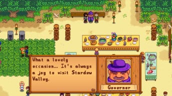 The Governor in Stardew Valley saying "what a lovely occasion...It's always a joy to visit Stardew Valley"