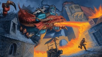 A giant and a dragon engaging in combat in Bigby Presents: Glory of the Giants