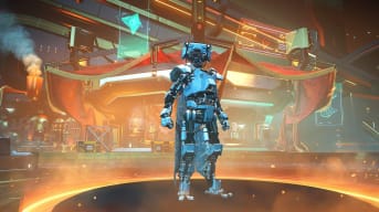 A robotic character standing proudly in a futuristic location in the No Man's Sky Echoes update