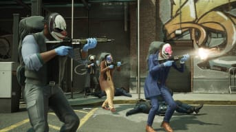 A group of robbers shooting at offscreen enemies in Payday 3