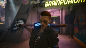 A screenshot of V, holding the Baby Boomer baseball bat over her shoulder from the Cyberpunk 2077 Phantom Liberty Dazed and Confused side story.