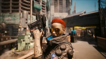 A screenshot of V, wielding the Ambition Tech Pistol from the Cyberpunk 2077 Phantom Liberty Go Your Own Way side story.