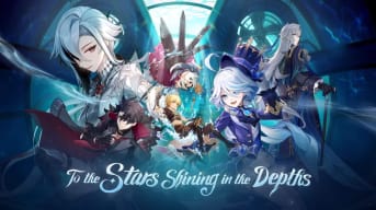 The cast of Genshin Impact 4.1 alongside the update's title of "To the Stars Shining in the Depths"