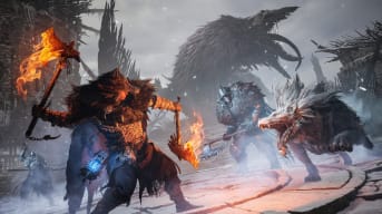 The player wielding two flaming axes and fighting off a wolf-like monster and his handler while a massive monster roars in the background in Lords of the Fallen