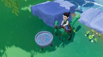 Paleo Pines Cooking Guide - Cover Image Standing Next to the Cooking Pot in Veridian Valley While Riding a Gallimimus