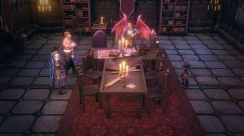 Several figures gathered around a table in a hall in the Pathfinder: Wrath of the Righteous Lord of Nothing DLC