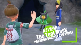 Ogerpon, the protagonist, and Carmine in Pokemon The Teal Mask DLC with review image text