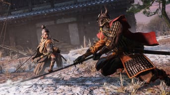 Wolf facing off against an enemy in a snowy village environment in Sekiro: Shadows Die Twice