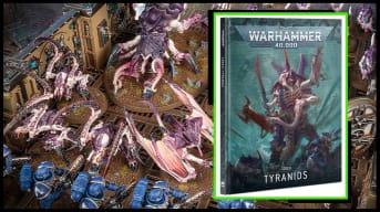 An image of the Tyranids 10th Edition Codex featuring the book overlayed atop an image of Tyranids going to war.