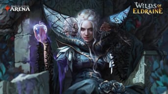 Eritte of the Charmed Apple sitting, holding her cursed apple with the owrds Magic: The Gathering Arena in the top left and Wilds of Eldraine in the top right