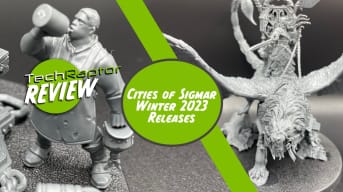 The header image of our Cities of Sigmar Winter 2023 Release Review depicting a man drinking from a bottle and a manticore