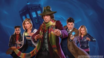 Key Art showing the Tardis behind the Fourth, Thirteenth, and Tenth doctor, as well as Jasmin and Rose