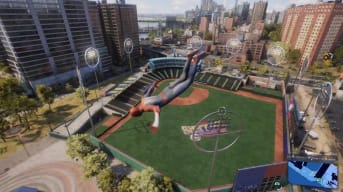 Spider-Man over the stadium for the Home Run Trophy in Marvel's Spider-Man 2