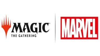 The logos for both Magic The Gathering and Marvel comics on a white background