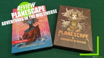 The front of the D&D 5e Planescape Adventures In The Multiverse collection sets with the TR Review Overlay