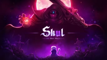Skul looking over his shoulder as a big robed bad guy looms overhead in artwork for Skul: The Hero Slayer