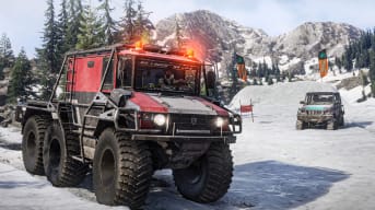 Trucks on an alpine slope in SnowRunner season 11