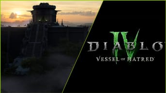 Hero image for the Diablo 4 expansion "Vessel of Hatred" with logo and the Ziggurrat of Kurast