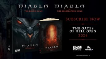 A promotional image showing a Diablo board game and official TTRPG rulebook.