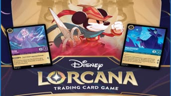  A promotional image of Disey Lorcana, featuring Mickey Mouse in a muskateer outfit, surrounded by cards.