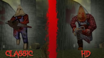 A screenshot of Dusk HD, showing the Leatherneck enemy in both HD and Classic forms.