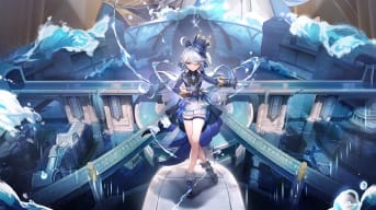 Furina posing rather theatrically while water swishes around her in key art for Genshin Impact version 4.2
