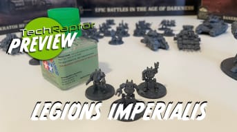 Legions Imperialis Preview header image featuring miniatures next to a glue bottle for size comparison.