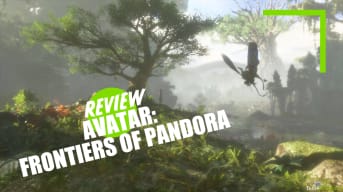 A scene from Avatar Frontiers of Pandora with the TechRaptor review text