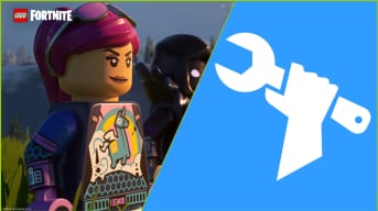 Lego Fortnitr screenshot and patch graphic