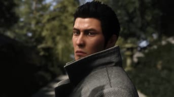 Kazuma Kiryu in a high-collared coat looking back wistfully in Like a Dragon Gaiden: The Man Who Erased His Name