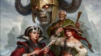 Cover artwork of Pathfinder Second Edition Lost Omens Legends, featuring a group of adventurers and an undead looming behind them.