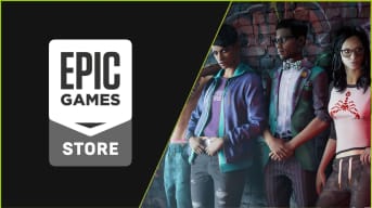 The characters of Saints Row alongside the Epic Games Store Logo