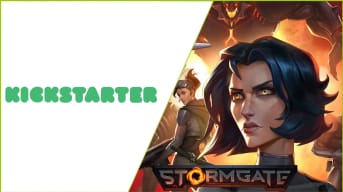 Stormgate art and Kickstarter logo