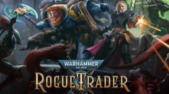 Warhammer 40,000 Rouge Trader Key Art showing the title and two characters in bulky armor rearing weapons. 
