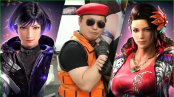 Yohei Shimbori cosplaying as Bayman from Dead or Alive 6 alongside Tekken 8's new characters Reina and Azucena