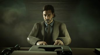 Alan Wake sitting at his typewriter and looking concerned (as he always does) in the Dead by Daylight Alan Wake crossover trailer