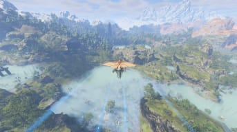 Image of a Character in Enshrouded Gliding over the Revelwoods With A Ghost Glider
