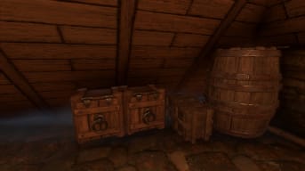 Enshrouded Storage Guide - Cover Image Chests Crates and a Barrel in the Attic of a Stone Building