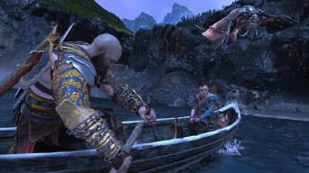 Kratos and Atrues can be seen in a boat with Jörmungandr behind them