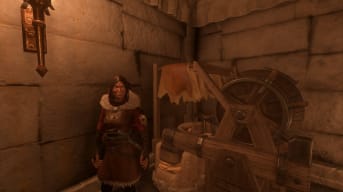 How to Get a Backpack in Enshrouded - Hunter Standing Next to a Tanning Station at Night in a Stone Building