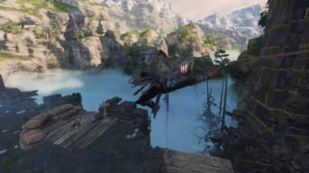 How to Get a Grappling Hook in Enshrouded - Cover Image Using the Grappling Hook to Cross the Bridge North of Longkeep